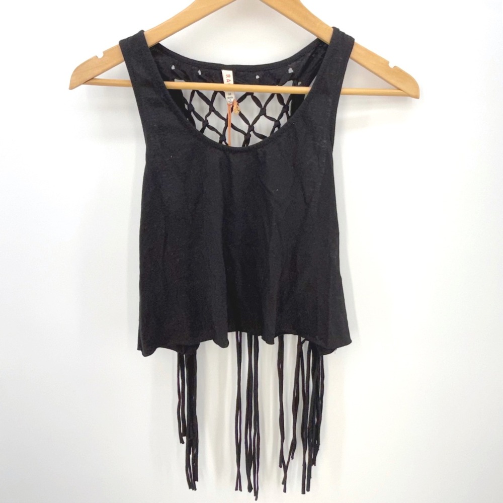 NWT Anthropologie Raga Black Fringe Lattice Back Crop Tank Boho Festival Medium